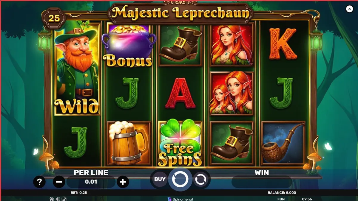 Tampilan visual slot Majestic Leprechaun dengan tema Irlandia yang cerah